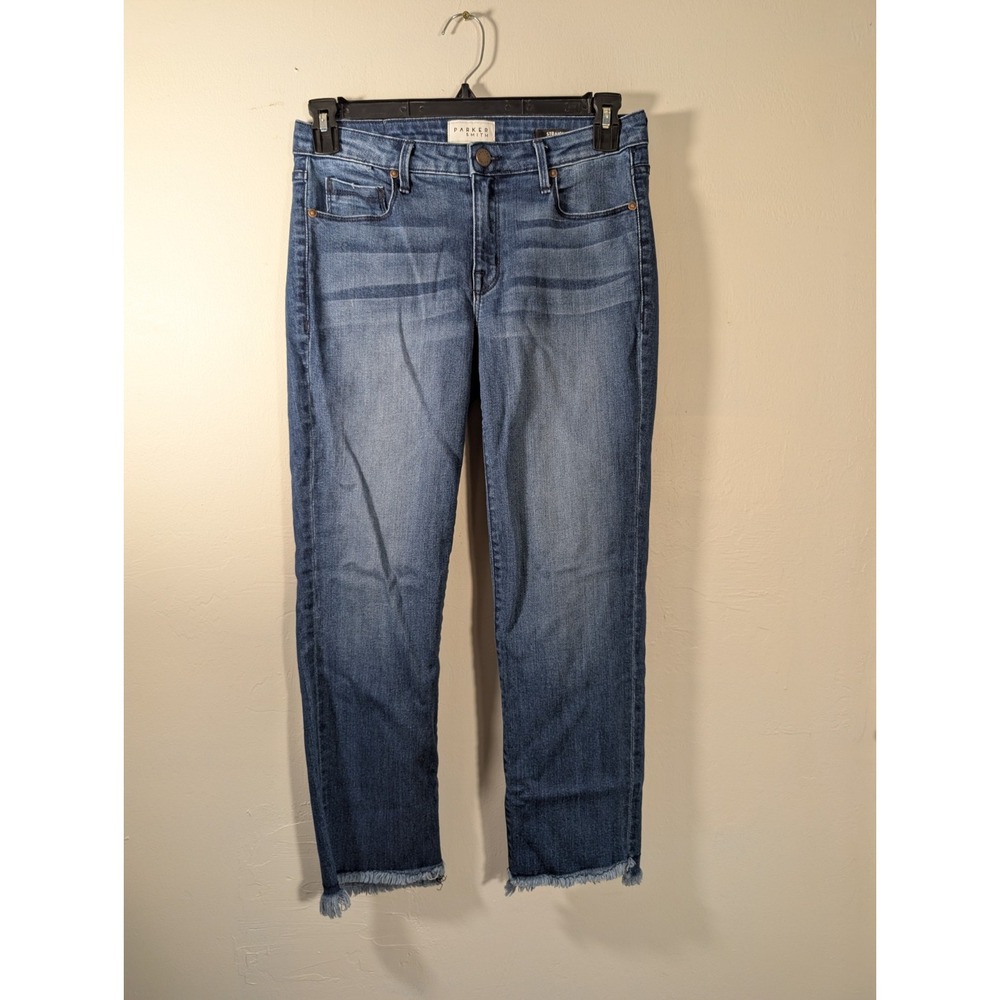 Parker Smith Womens 28 Fringe Hem Straight Leg Crop Jeans Mid Rise Washed Blue